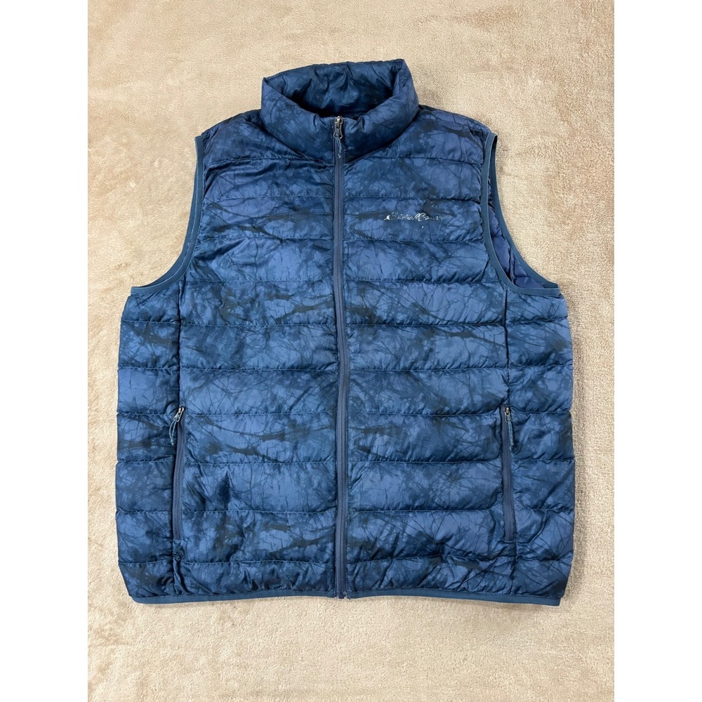 Eddie Bauer EB650 Down Puffer Vest Men's size Large Blue Camo Pattern